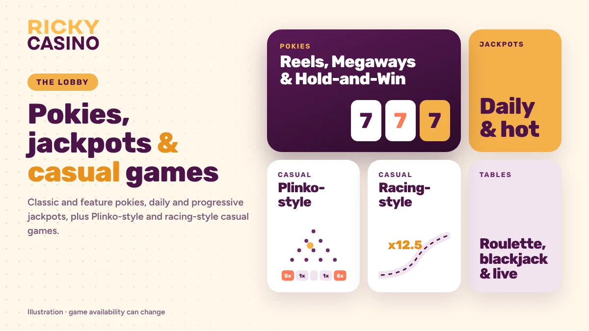 Ricky Casino lobby: pokies, daily and hot jackpots, Plinko-style and racing-style casual games, roulette, blackjack and live tables