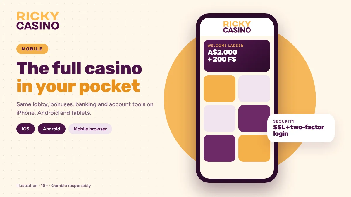 Ricky Casino on mobile: the same lobby, bonuses and banking on iOS, Android and mobile browsers, protected by SSL and two-factor login
