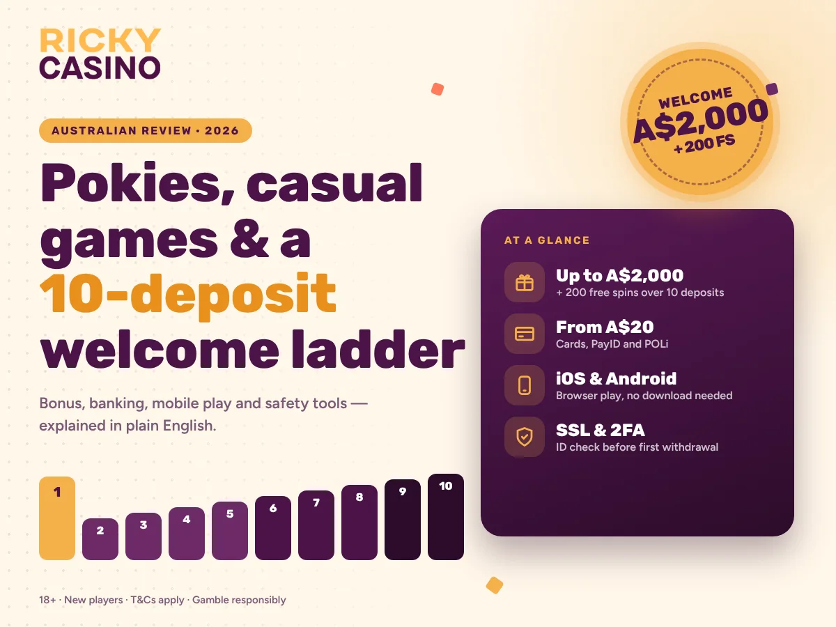 Ricky Casino Australia at a glance: up to A$2,000 + 200 free spins over 10 deposits, deposits from A$20 by card, PayID or POLi, iOS and Android play